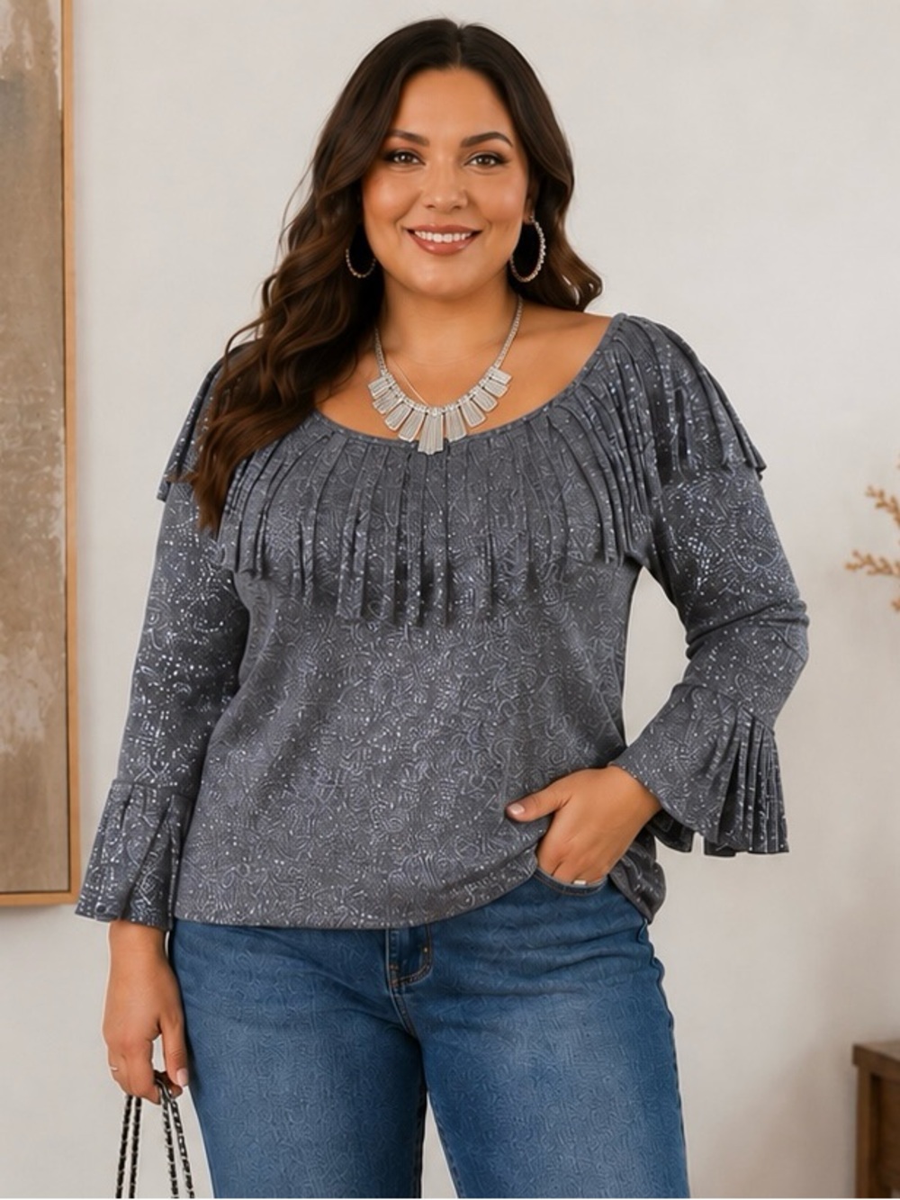 Ashley Stewart Women’s Top 18/20 Gray Sparkly Pleated Collar Cuffs Off Shoulder